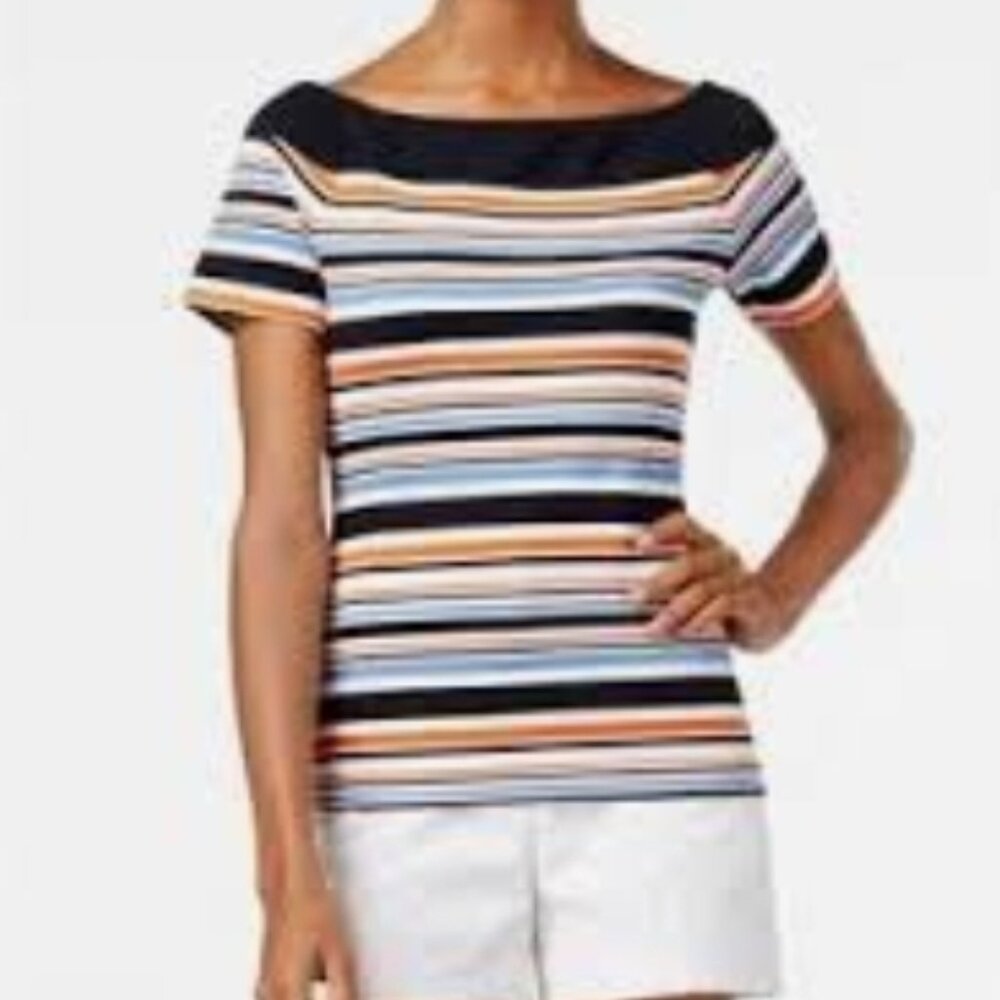🔥Sale - Michael Kors Short Sleeve Boat Neck Multi Color Striped Large Top